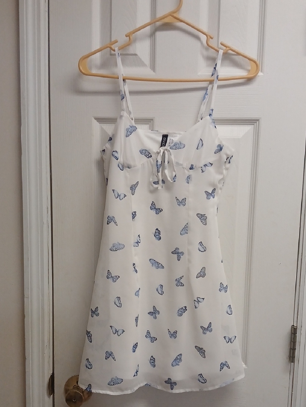 H&M Divided White Blue Butterfly Print Tie-Front Mini Dress XXS Y2K Cottagecore
